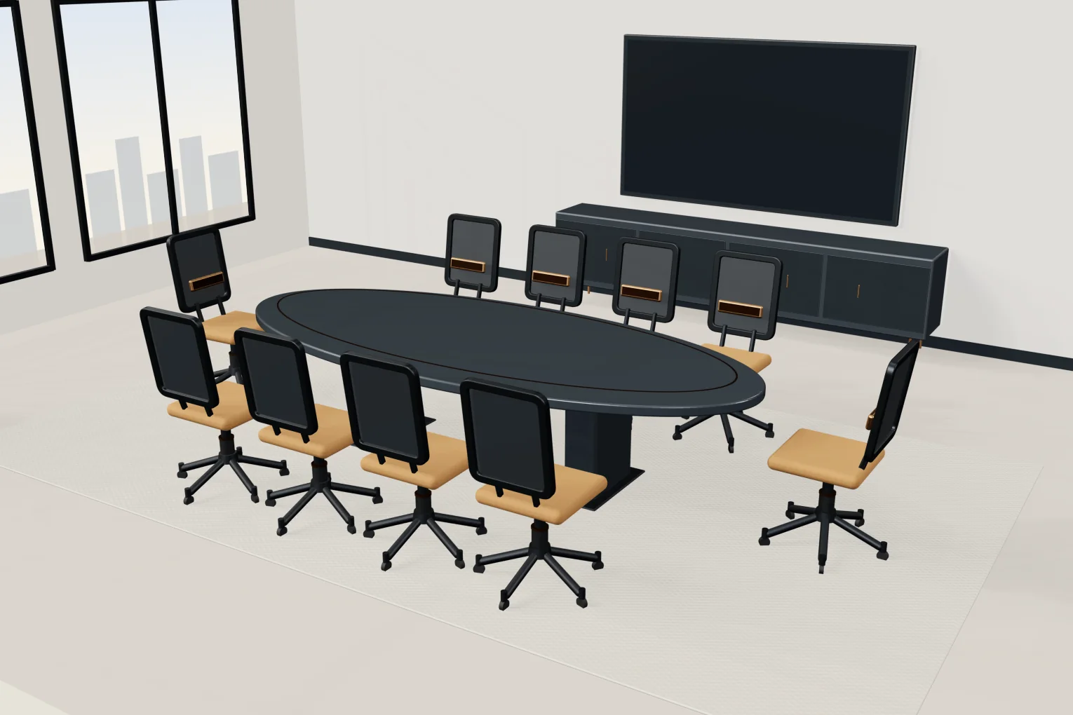 Renderização conceitual de uma sala de reunião com mesa oval Meridiana, dez cadeiras bronze, aparador grafite e tela de apresentação na parede.