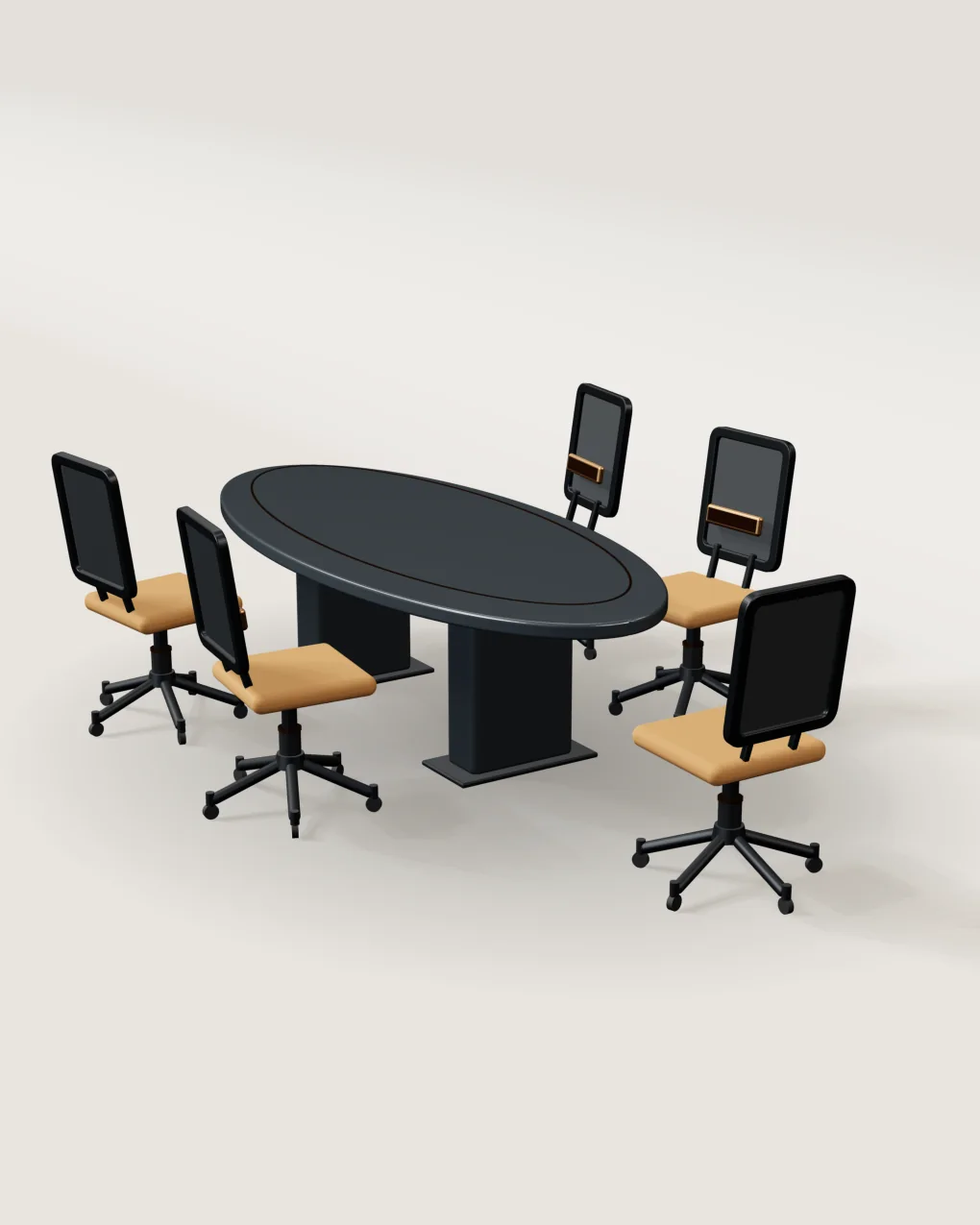 Renderização conceitual da mesa de reunião Meridiana: tampo oval grafite com filete em bronze, dois pedestais e cadeiras ao redor.