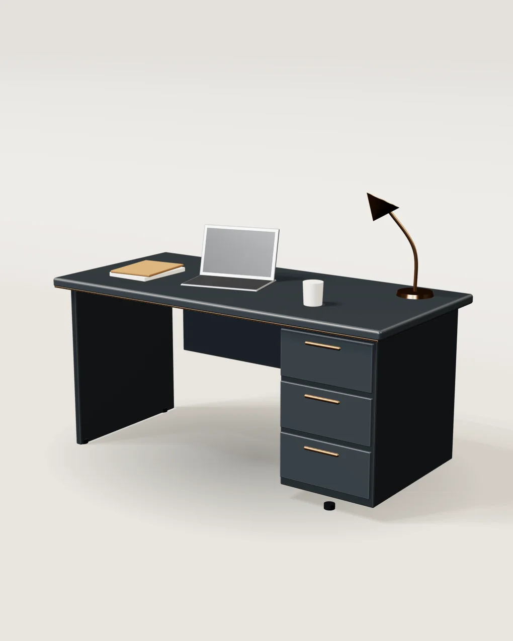 Renderização conceitual da mesa corporativa Prumo: tampo grafite, gaveteiro com puxadores em bronze, notebook e luminária.